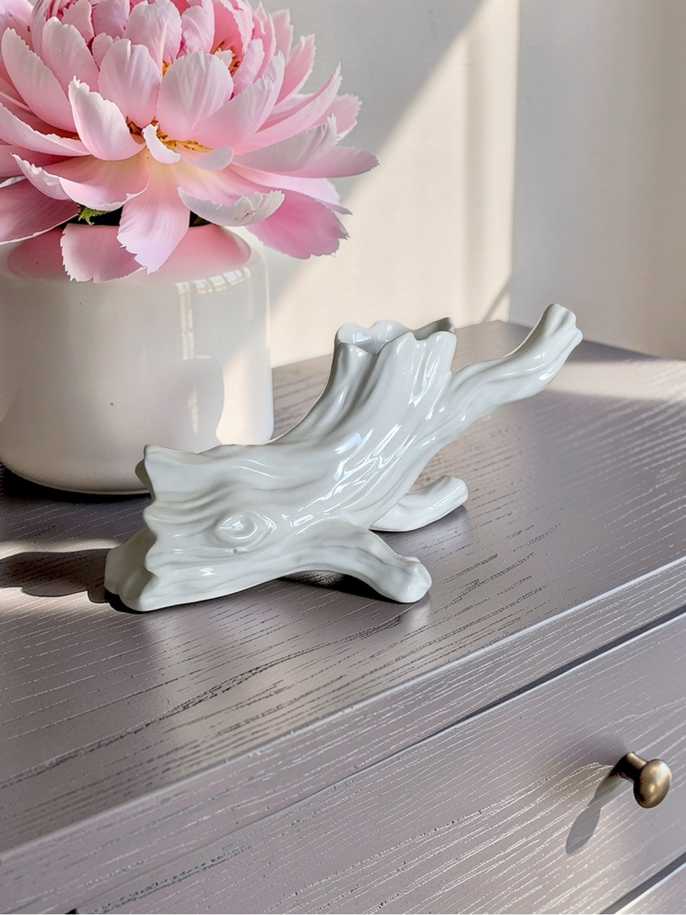Whimsical Woodland White Ceramic Tree Stump Vase - Cottagecore Decor